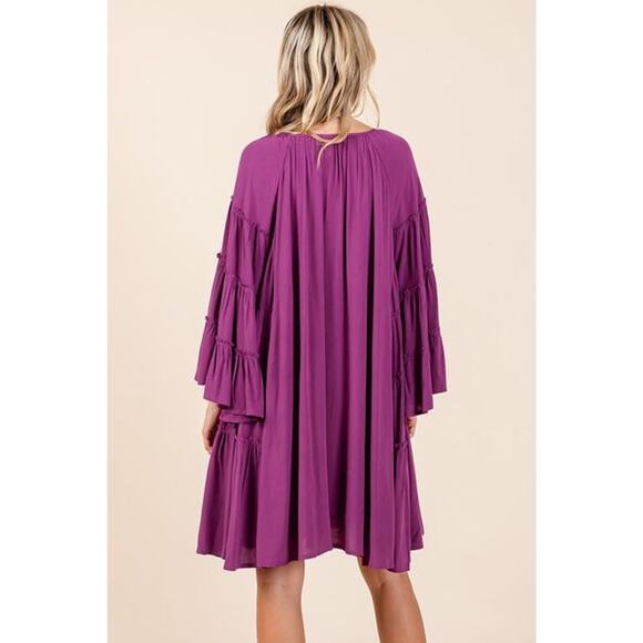 Mittoshop Frill Tie Neck Long Bell Sleeves Ruffle Detail Mini Dress | Violet - Picture 4 of 7
